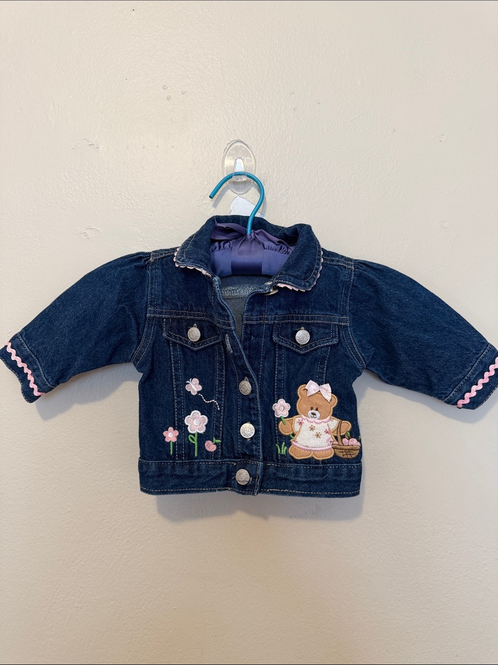 Kids Dark Blue Denim Jacket with Bear & Floral Embroidery